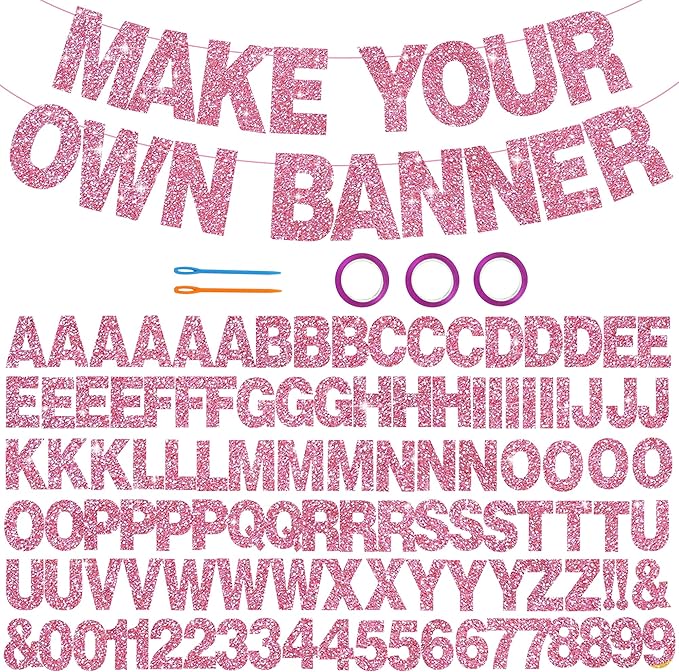 BEISHIDA 116 PCS A-Z Glitter Pink DIY Letter Banner Kit Make Your Own Banner，Including 111 Letters and Numbers 3 Rope and 2 Threading Device,Customized for Birthday Graduation Wedding Party Decor