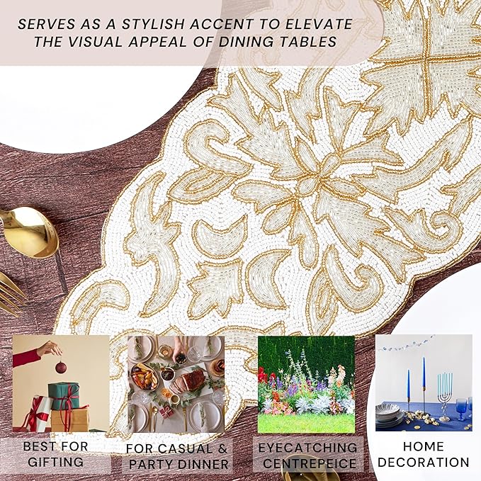 Beaded Table Runner 13 x 36 Inches - Elegant Dining Table Centerpiece with Glass Beads & Polyester Back, Handmade Decorative Runner for Weddings, Parties & Holiday Décor (White & Gold) - CLEENTABLE