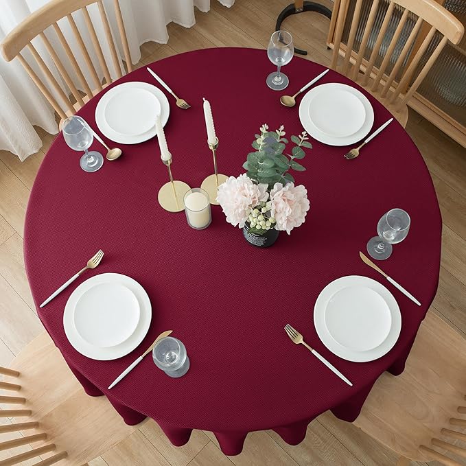 Biscaynebay Textured Fabric Christmas Round Table Cloth 132", Burgundy Water Resistant Washable Tablecloths for Outdoor & Indoor, Dining, Kitchen, Wedding & Parties