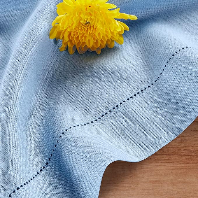 Solino Home Linen Cornflower Blue Hemstitch Table Runner 48 Inches - 100% Pure Linen Small Table Runner 14 x 48 Inch Ideal for Dresser and Coffee Tables - Classic Hemstitch - Christmas, Holiday
