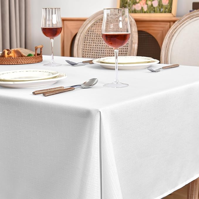 Fitable Faux Linen White Tablecloths 60 x 84 Inch - 2 Pack Textured Table Clothes for Rectangle Tables, Wrinkle-Proof Faux Burlap Table Covers for Dining, Farmhouse, Outdoor Picnic, Camping