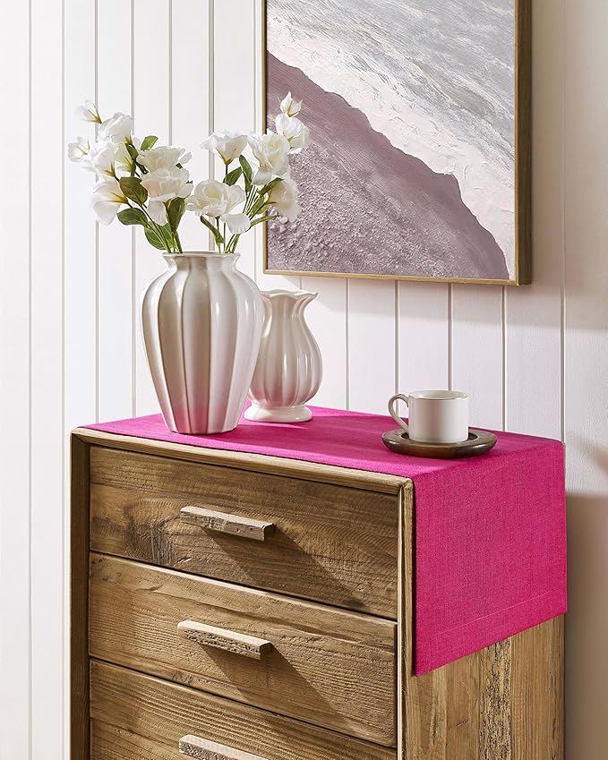 ZeeMart Linen Textured Border Table Runner, 14 x 72 Inch Hot Pink, Farmhouse Style Pink Table Runners 72 Inches Long, Easy Care Everyday Polyester Table Runner