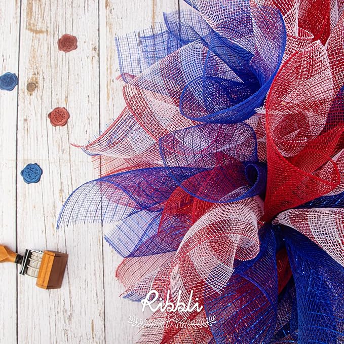 Ribbli 2 Rolls Royal Blue Mesh Ribbon,10 inch x 30 feet(10Yard) Each Roll,Metallic Royal Blue with Royal Foil,Patriotic Ribbon Use for Wreath Swags and Decorating