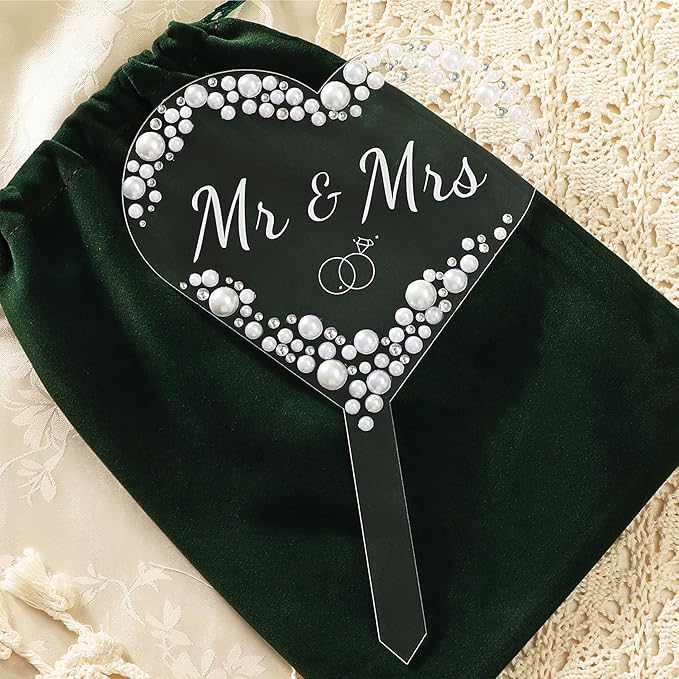 Acrylic Heart Mr & Mrs Cake Topper, Rhinestone and Faux Pearl Accents