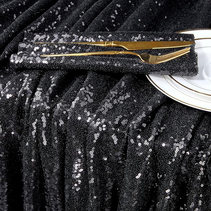 QueenDream Seamless Sequin Tablecloth 90x132 Inch Black Rectangular Tablecloth for Christmas Wedding Birthday Halloween