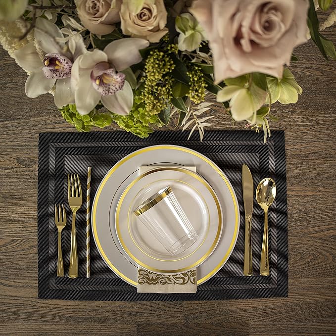 Neatiffy 225 Pcs Gold Rim Plastic Dinnerware Set (25 Guest) | 25 x (Dinner Plate, Dessert Plate, Gold Plastic Silverware, Cup, Napkin, Straw) | For Wedding, Luxurious Party, Special Event