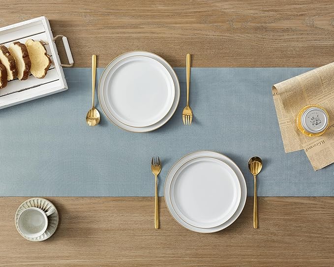 ZeeMart Linen Textured Border Table Runner, 14 x 36 Inch Blue, Farmhouse Style Dusty Blue Table Runners 36 Inches Long, Easy Care Everyday Polyester Table Runner