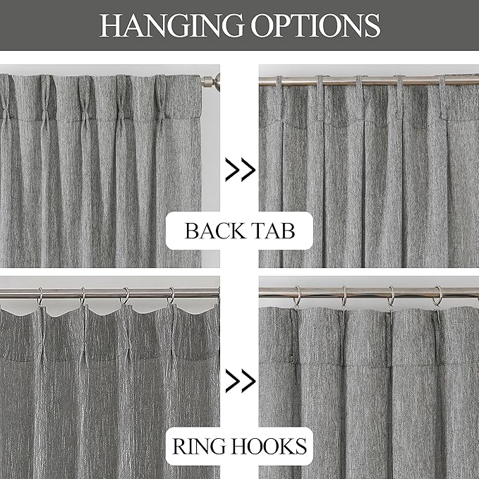 Vision Home Gray Pinch Pleated Semi Sheer Curtains Textured Light Filtering Window Curtains 95 inch for Living Room Bedroom Rayon Blended Charcoal Grey Pinch Pleat Drapes with Hooks 2 Panels 40"Wx95"L