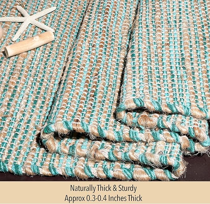Chardin home Natural Jute Table Runner 13x108 Inch – Vintage Boho Rustic Table Decor – Handwoven Long Table Runner in Natural Jute and Aqua Turquoise – Farmhouse Dining or Console Table Accent