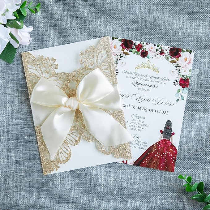 20 PCS 5.12x7.2 Butterfly Personalized Quinceanera Invitation, Customized XV Anos Laser Cut Invitation Cards with Envelopes (20 PCS Light Gold Personalized)