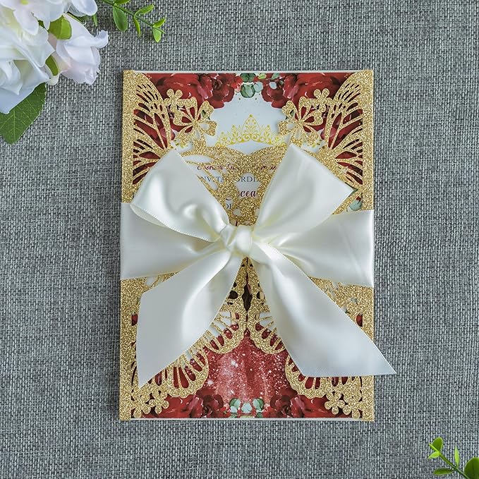 20 PCS 5.12x7.2 Butterfly Quinceanera Invitation, Laser Cut Wedding Invitation Cards with Envelopes for XV Anos Bridal Shower Baby Shower Invite (Gold Glitter)
