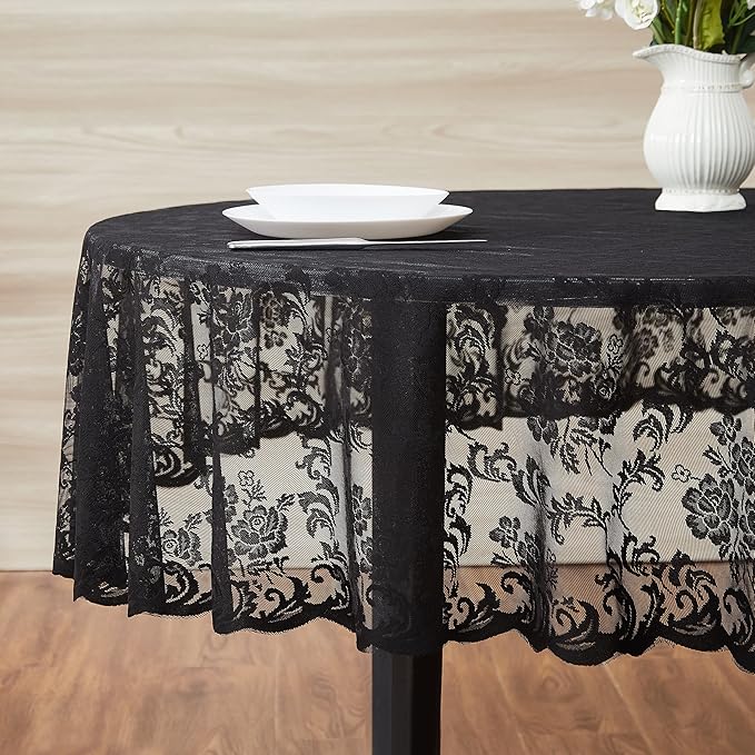 LinenZone Black Round Tablecloth for Rustic Vintage Decor. Sheer Lace Tablecloth Works Great As Wedding, Thanksgiving or Christmas Decor (Mia 48 Round, Black)