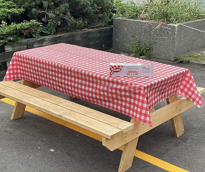 Disposable Tablecover Roll, Red Gingham Plastic, 54 in x 108 ft