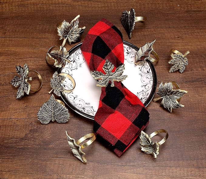 6-Piece Metal Napkin Rings - Antique Gold Harvest Leaf Napkin Rings - Decorative Table Accents for Holiday Party, Dinner, Family Gatherings, Table Décor Weddings & Everyday Use - ALPHA Living HOME