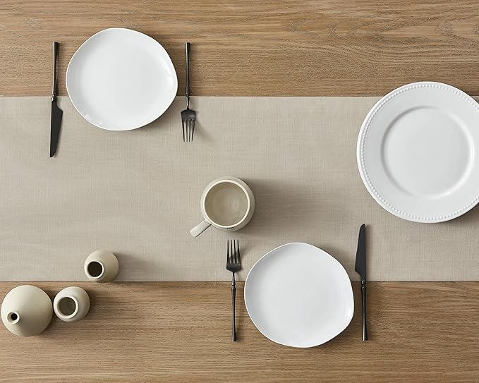 ZeeMart Linen Textured Border Table Runner, 14 x 60 Inch Natural, Farmhouse Style Neutral Table Runners 60 Inches Long, Easy Care Everyday Polyester Table Runner