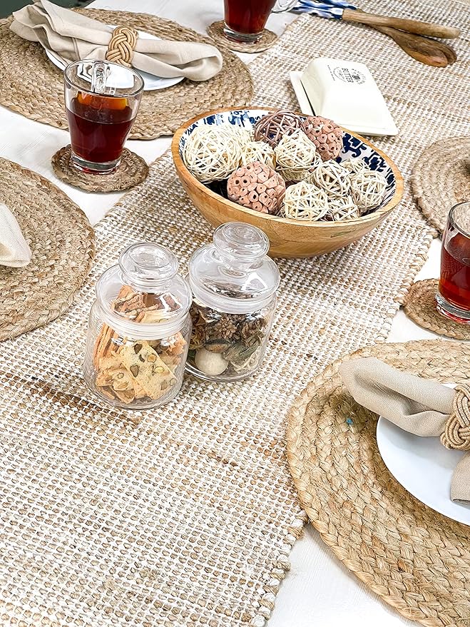Chardin home Natural Jute Table Runner 13x72 Inch – Vintage Boho Rustic Table Decor – Handwoven Table Runner in Natural Jute and Ivory – Farmhouse Dining or Console Table Accent