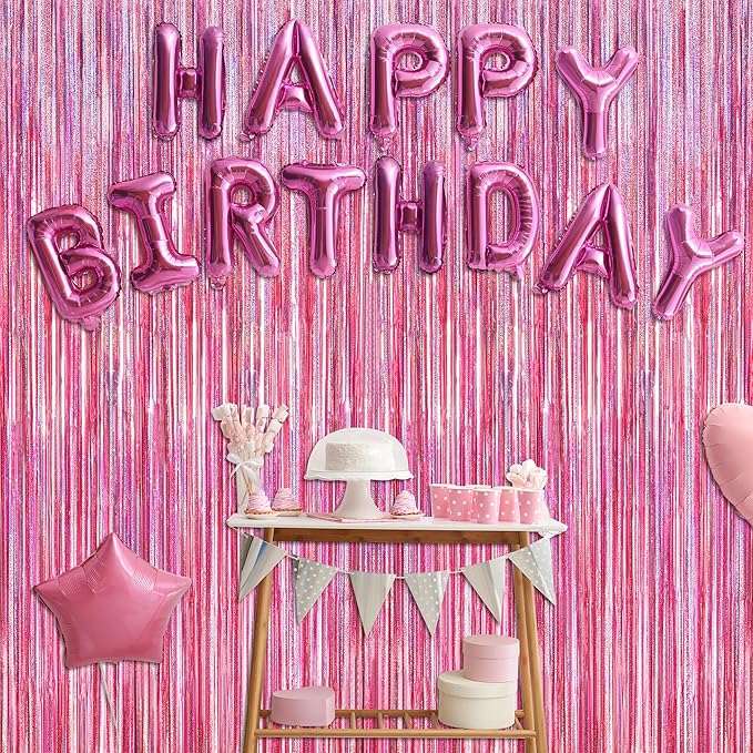 4 Pack Pink Backdrop, 3.28 FT x7.05 FT Foil Fringe Curtains, Metallic Glitter Pink Streamer Fringe Backdrop Foil Curtains, Laser Pink Birthday Party Decorations Bachelorette Decor