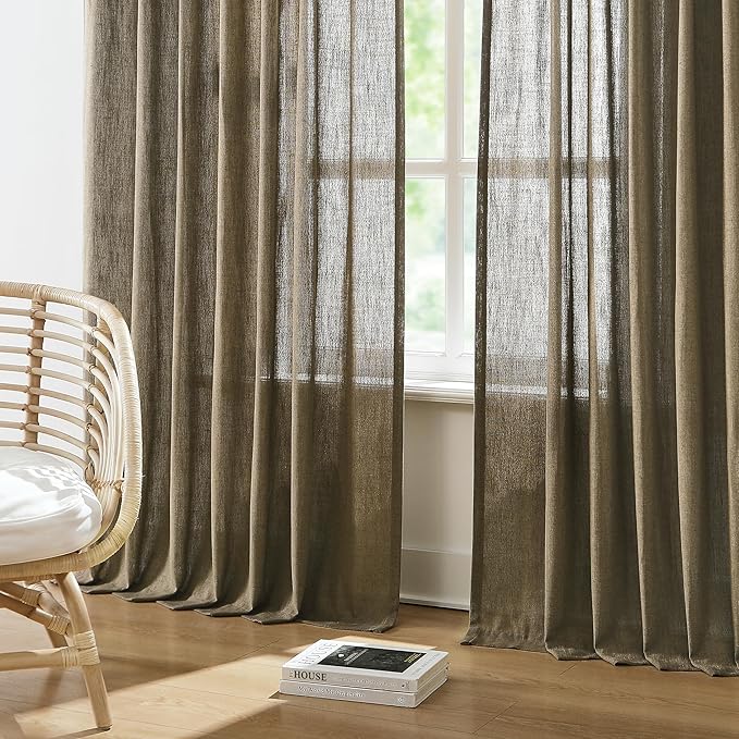 Vision Home Brown Pinch Pleated Semi Sheer Curtains Textured Linen Blended Light Filtering Window Curtains 72 inch for Living Room Bedroom Pinch Pleat Drapes with Hooks 2 Panels 40" Wx72 L