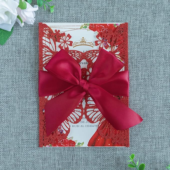 20 PCS 5.12x7.2 Butterfly Quinceanera Invitation, Laser Cut Wedding Invitation Cards with Envelopes for XV Anos Bridal Shower Baby Shower Invite (Red Glitter)