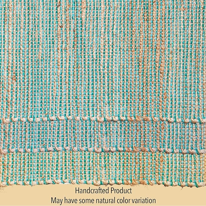 Chardin home Natural Jute Table Runner 13x108 Inch – Vintage Boho Rustic Table Decor – Handwoven Long Table Runner in Natural Jute and Aqua Turquoise – Farmhouse Dining or Console Table Accent