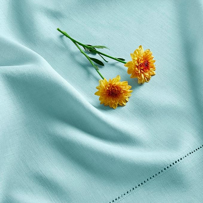Solino Home Linen Aqua Blue Table Runner 72 Inches Long - 100% Pure Linen Hemstitch Table Runner 14 x 72 Inch for Dresser, Dining - Classic Hemstitch