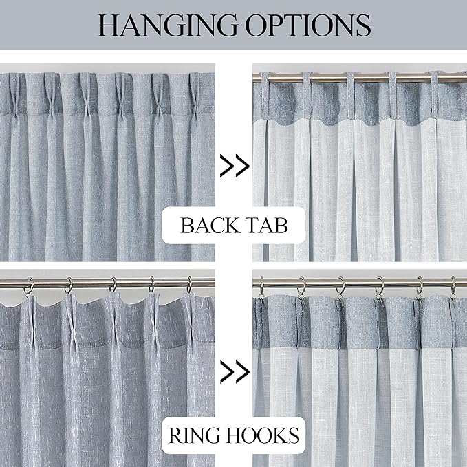 Vision Home Pinch Pleated Blue Semi Sheer Curtains Textured Light Filtering Window Curtains 63 inch for Living Room Bedroom Rayon Blended Chambray Blue Pinch Pleat Drapes with Hooks 2 Panels 40"Wx63"L