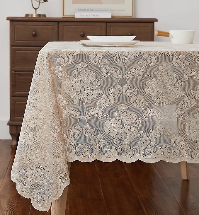 LinenZone Linen Rectangle Tablecloth for Rustic Vintage Decor. Sheer Lace Tablecloth Works Great As Wedding, Thanksgiving or Christmas Decor (Mia TC 60 x 84, Linen)